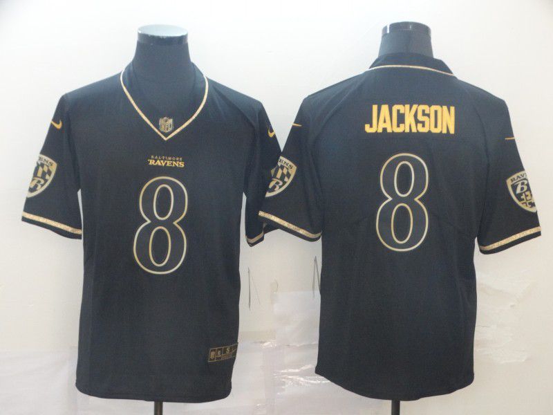 Men Baltimore Ravens 8 Jackson Black Retro gold character Nike NFL Jerseys